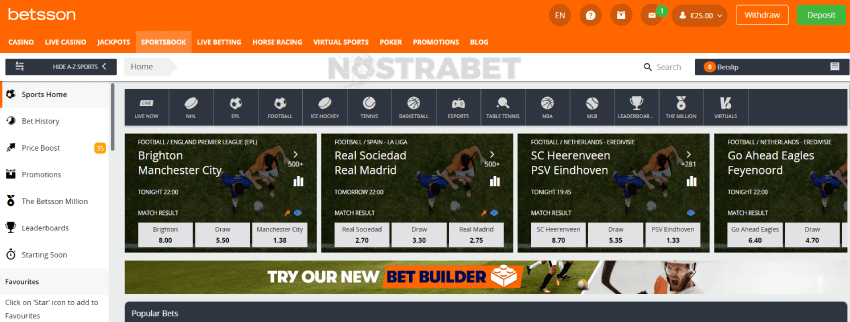 Betsson sportsbook homepage