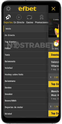 menú efbet en android